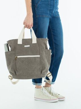 Birdling Backpacker Canvas Tote Backpack in Gray with Cream Handles
